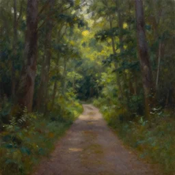 a painting of a path through a forest, an oil painting by John Fabian Carlson, featured on Artstation, american scene painting, rim light, oil on canvas, flickering light