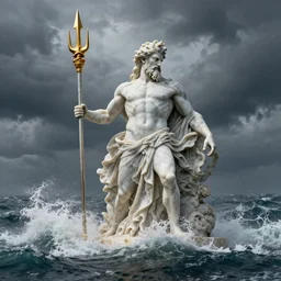 ominous powerful marble sculpture of poseidon with his trident emerging from the waves of a stormy ocean, atmospheric, cinematic, hyper - detailed, ultra - realistic, photo - bash, 8 k post - production, masterpiece, physically based rendering, intricate, golden ratio, environmental key art, octane render, weta digital, ray trace