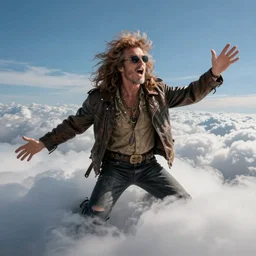 lemmy kilmister in heaven, realistic, 8k resolution, hyperdetailed, highly detailed, real life, sky lighting, high quality, clouds,