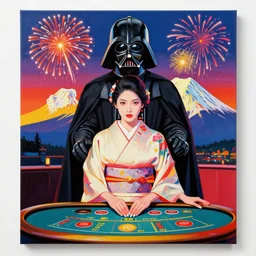 hyperrealistic composition, in the middle a woman in a japanese kimono, behind her stands darth vader, in front of her a table from the casino, in the background is mount fuji and fireworks, pop - art style, jacky tsai style, andy warhol style, acrylic on canvas