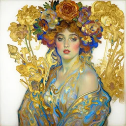 a gold oil painting hyperrealism of a beautiful woman on a white background, flowers, painted by mucha, floral headdress, 8 k resolution, octane render, trending on artstation, volumetric light 2 blue fractal thunder glow by dan mumford, anaglyph effect, laurie lipton