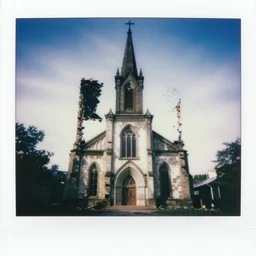 very beautiful polaroid photo of a disintegrating church