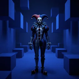 a cinematic fine portrait of an ominous court jester from the dmt trip, dark blue hypercubes, hyperdimensional, the waiting room, octane render, nvidia raytracing demo, masterpiece, static noise, white noise, grainy, by jeremy pitkin, alphonse mucha, greg rutkowski, tim hildebrandt, boris vallejo, artgerm