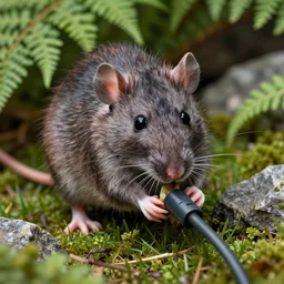 monster rat eating! a gray internet cable!! in the ferns, grass and rocks, highly detailed photo, intricate details, volumetric lighting, zoom to face