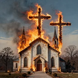 burning church, burning cross, surrealistic collage art