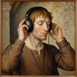 Medieval painting of a man listening to sick beats on his headphones
