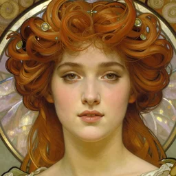 realistic detailed face portrait of a beautiful young Queen of Dawn by Alphonse Mucha, Greg Hildebrandt, and Mark Brooks, gilded details, spirals, Neo-Gothic, gothic, Art Nouveau, ornate medieval religious icon