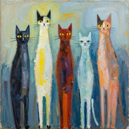 contemporary semi abstract acrylic painting of really tall cats by cath kidston, by greg rutkowski, kessler art, thick brush strokes and visible paint layers, multicolor color scheme