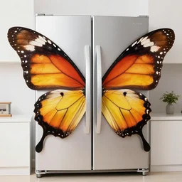 refrigerator with giant butterfly wings attached to it