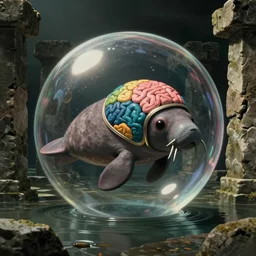 hyperrealist, dull colors, interior shot from howls moving castle 2 0 0 4 of a multi - colored brain helmet squid on a manatee floating in flooded stonehenge bubble.