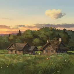 sunset over the cottages in the shire, ghibli, artstation, award wining, rutkowski, shinkai
