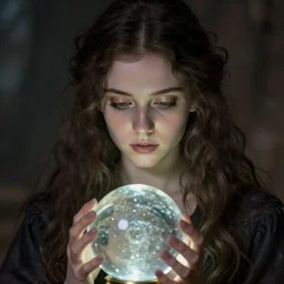 a beautiful young witch with a crystal ball, true anatomy, detailed face, highly detailed, by rembrandt