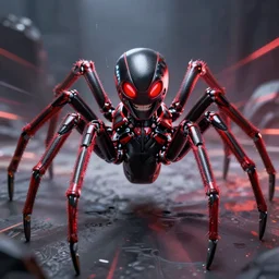 a robot humanoid spider with 4 arms with claws, glowing red eyes, in a black carbon and red fiber armor, smiling creepily, dynamic lighting, photorealistic fantasy concept art, trending on art station, stunning visuals, creative, cinematic, ultra detailed