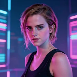 Portrait of Emma Watson, cyberpunk style futuristic neon lights, artstation cgsociety masterpiece highly-detailed