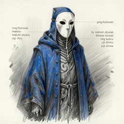 a color pencil sketch of a mysterious plague doctor as the grim reaper with a white mask wearing a blue wisards robe, character concept design, by greg rutkowski and makato shinkai, by melmoth zdzislaw belsinki craig mullins yoji shinkawa, black light, semi - realistic render, pencil, eraser smears, realistic manga, dramatic lighting, d & d design
