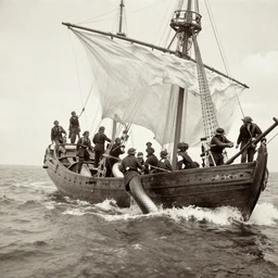 a boat being attacked by a sea serpent the sailors are fighting it, 1 9 0 0 s photograph