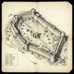 Ink drawing on parchment of a detailed map of a fortress