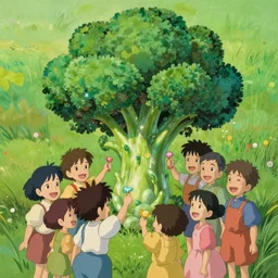a beautiful portrait painting of a a ethereal celestial broccoli handing out candy to smiling kids in the style of studio ghibli