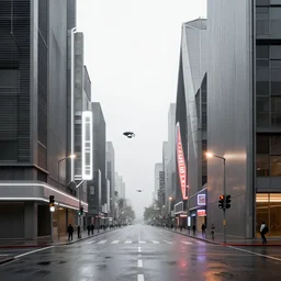 high resolution photograph, streetscape, simple brutalist architecture, metal, concrete, wet streets, white neon lights, color neon signs, street lights, traffic lights, flying cars, pedestrians, greg rutkowski, syd mead, ralph mcquarrie, concept art, matte painting, finely detailed, minimal artifacts, rule of thirds, dynamic lighting, cinematic, denoised, centered, artstation