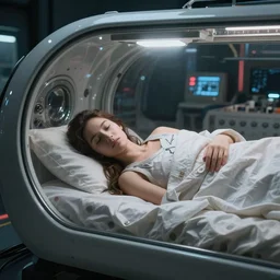 a woman sleepinginside a hibernation pod, side view, in the style of blade runner, high tech, photoreal, dramatic lighting, unreal engine 5, octane rendering, ray tracing
