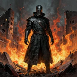plague doctor from iron gridle but human form, destroyed city and flames by zdzislaw beksinski, color