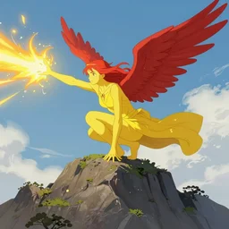 a thin yellow angel with red wings and long hair crouches on a mountain peak, a blast of energy shoots from an outstretched arm, trending on artstation, digital art ( by tomasz jedruszek ) ( by senfeng chen ) ( by lorenzo lanfranconi )