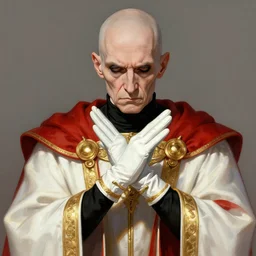 a bald pale sorcerer in his late nineties. stately and dour in his expression. eyeliner accentuates his sunken eyes. a high black turtleneck covers his thin neck. opulent white golden red robe. white leather gloves with gold decoration, sharp focus, a downcast shaddow, his gloved hands crossed in front of his face with a sour expression, illustration, digital painting, art by magali villeneuve