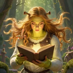 highly detailed portrait of beautiful girl reading a book, hair flowing down, in shrek, symmetric fingers, dynamic pose, stephen bliss, unreal engine, fantasy art by greg rutkowski, loish, rhads, ferdinand knab, makoto shinkai and lois van baarle, ilya kuvshinov, rossdraws, tom bagshaw, global illumination, radiant light, detailed and intricate environment