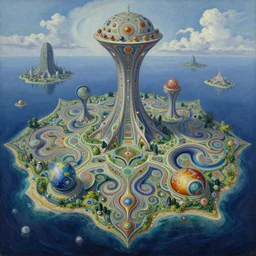 cinematic view of a dmt island paradise filled with intricate and perfect patterns, moebius, alex grey, android jones, wayne barlowe, oil on canvas, masterpiece, trending on artstation, featured on pixiv, cinematic composition, sharp, details, hyper - detailed, hd, hdr, 4 k, 8 k