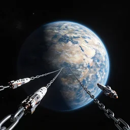 planet chained in iron, being pulled by three spaceships in the middle of the solar system,