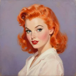 pinup girl, cartoon, soft orange hair, beautiful, romantic, fair skin, 1 9 4 0's, normal rockwell, oil painting