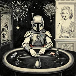 single woman sitting at an extremely detailed poker table with the detailed boba fett, sake on the table, fireworks and stars on the background, canvas, acrylic paint, by roy liechtestein, by andy warhol, traditional chinese art, black and ivory palette, isometric, pop art, 4 k, ultra - hd