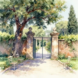 delicate, garden, paved, botanic watercolors, iridescent, 8 k, realistic shaded, fine details, artstation, italian, chairs, gate, oak tree, pompeii