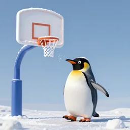 a penguin in playing baseball on the moon, it's snowing protein powder, the basketball hoop was made of fish, and then the penguin is crowned king of the moon muscle city, award winning art, 8 k,
