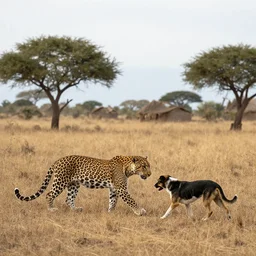 leopard hunts a dog in a rural village