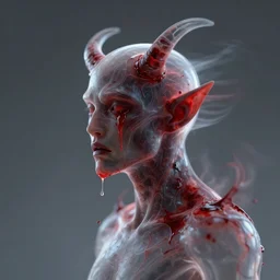 a centered uncut sideview portrait of a demon made of blood sweat and tears. tranclucent. dynamic. motionblur. houdini 3 d 8 k gigapixel render. substance designer. unreal engine. abstract demon face vanishing. inspired by andrei riabovitchev, tomasz alen kopera and rutkowski. rendered by janusz jurek