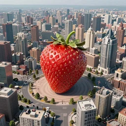 a city built around a single strawberry, drone footage, 4k, wide lens, post apocalyptic