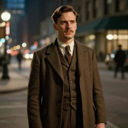 an brown haired man with a squarish chin wearing a 1 9 4 0's noire detective outfit, standing in the streets of chicago at night, photography 4 k, octane render, highly realistic photograph