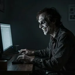 a creepy smiling man. the man is sitting in a dark room. he is looking at a computer screen. highly detailed 4K photo