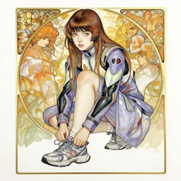 an art nouveau copic maker sketch of an student girl lacing up his sneakers wearing an evangelion pilot suit designed by balenciaga by john berkey by stanley artgerm lau, greg rutkowski, thomas kinkade, alphonse mucha, loish, norman rockwell
