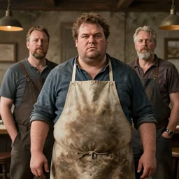 portrait of a fat tavern ownler with dirty apron by Edgar Maxence and Ross Tran and Michael Whelan, 8k, octane render