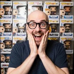 an extremely happy nerdy balding guy surprised in front of his collection of funko pop, realistic