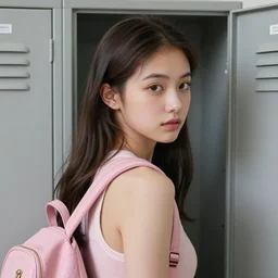 Aphrodite in high school, realistic photograph, ornately detailed, pink backback and gray locker, highly detailed face, 8k hd, best of artstation, soft lighting