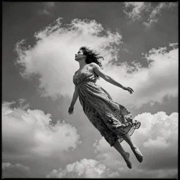 an aged greyscale analog photograph of a beautiful woman floating in the sky, detailed clouds, high contrast, film grain, color bleed
