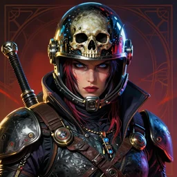 realistic detailed beautiful portrait of a menacing warrior space pirate with shiny skull space helmet by Anna and Elena Balbusso, Blade Runner, Ghost in the Shell, Art Nouveau, violent anime, rich deep vibrant colors, futuristic, sci-fi