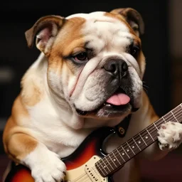 a closeup, 4 5 mm, detailed photograph of a famous english bulldog rockstar holding a gitar, beautiful low light, 4 5 mm, by franz lanting
