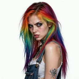 attractive grungy woman with rainbow hair, drunk, angry, soft eyes and narrow chin, dainty figure, long hair straight down, torn overalls, basic white background, side boob, tattooed, pierced, biting lip, wet shirt, wet, raining, highly detailed face, realistic face, beautiful detailed eyes, fantasy art, in the style of greg rutkowski, illustration, epic, fantasy, intricate, hyper detailed, artstation, concept art, smooth, sharp focus, ray tracing, vibrant,