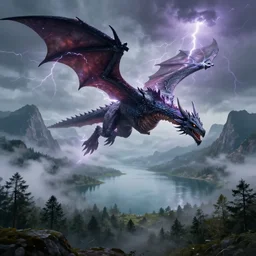 flying lightning dragon, misty fog, big lake with mountains in background, forest, thunder and lightning, dungeons and dragons, highly detailed, digital illustration