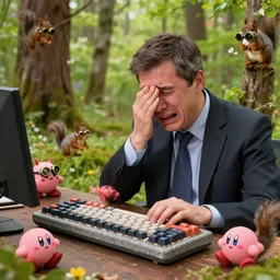 a professor of computer science crying over a stone keyboard with kirby keycaps, in the deep of a forest, surrounded by squirrels with steampunk goggles, spring, realistic