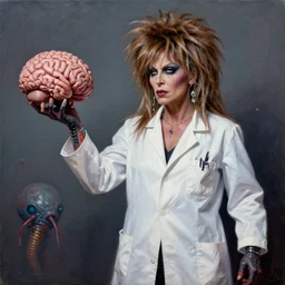Papier Mache Biopunk Tina Turner brandishes her brain and spinal interdimensional parasite whilst wearing a white labcoat acrylic painting edouard riou ruan jia greg rutkowski achille beltrame fantasy genre